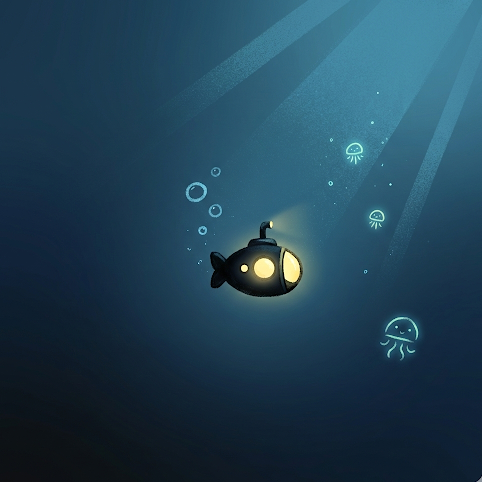 A small submarine exploring a calm deep ocean with jellyfish